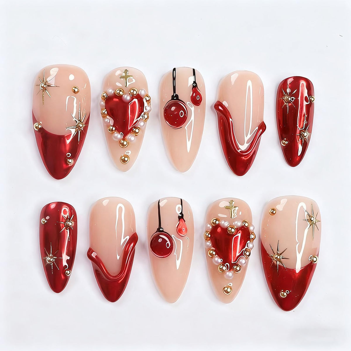 Vopintpy Romantic Valentines nails with red heart 3D design for stylish DIY manicure