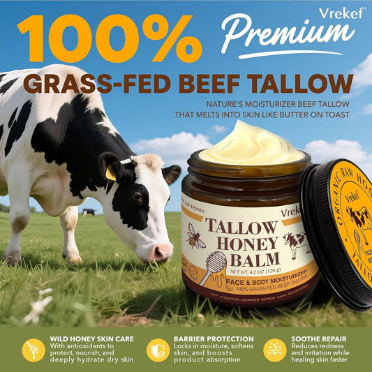 VREKEF beef tallow balm jar texture ready for smooth application.