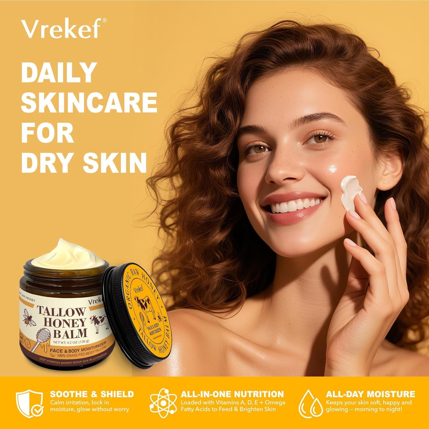 VREKEF versatile use on face and body for daily care.