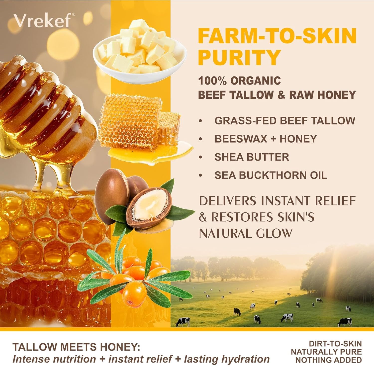 VREKEF grass-fed tallow with honey glows as a nourishing cream.