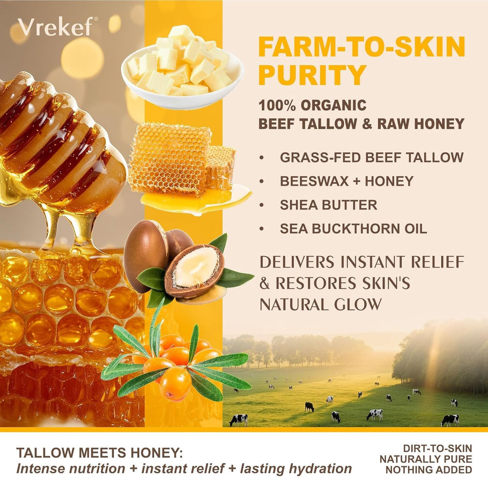 VREKEF grass-fed tallow with honey glows as a nourishing cream.