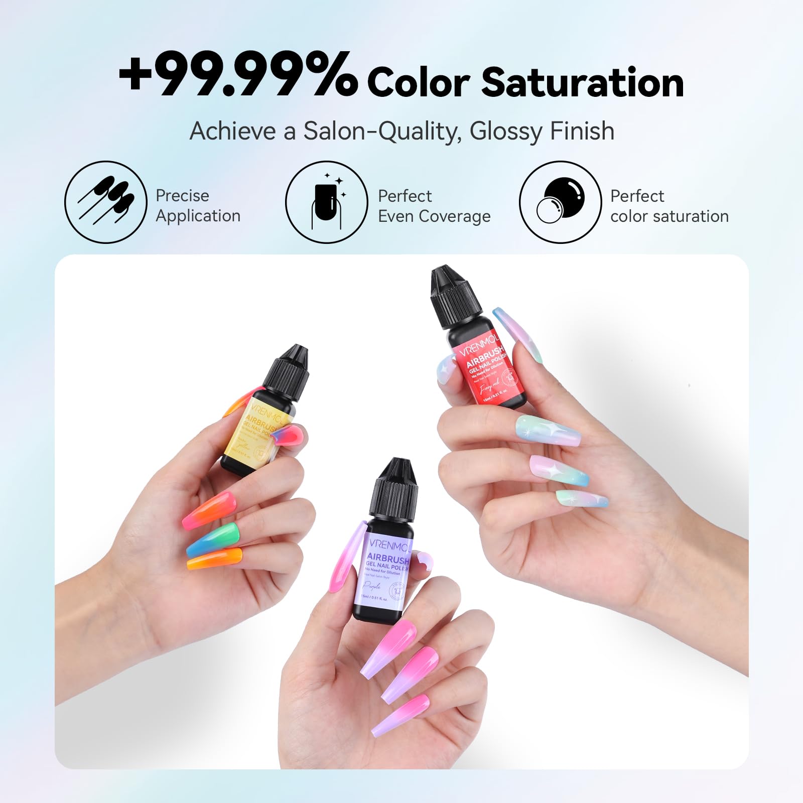 VRENMOL airbrush gel dries smoothly for long-lasting manicure.