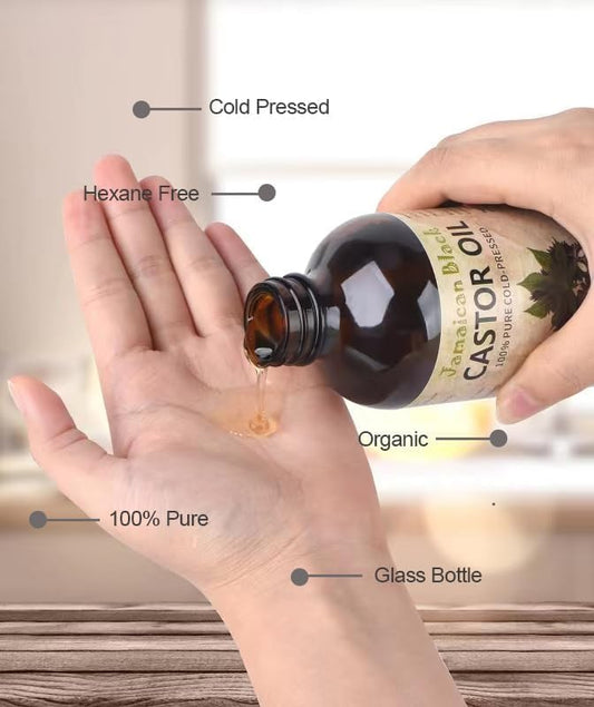 VRJEUGO Jamaican Black Castor Oil rich texture in amber glass bottle boosts shine.