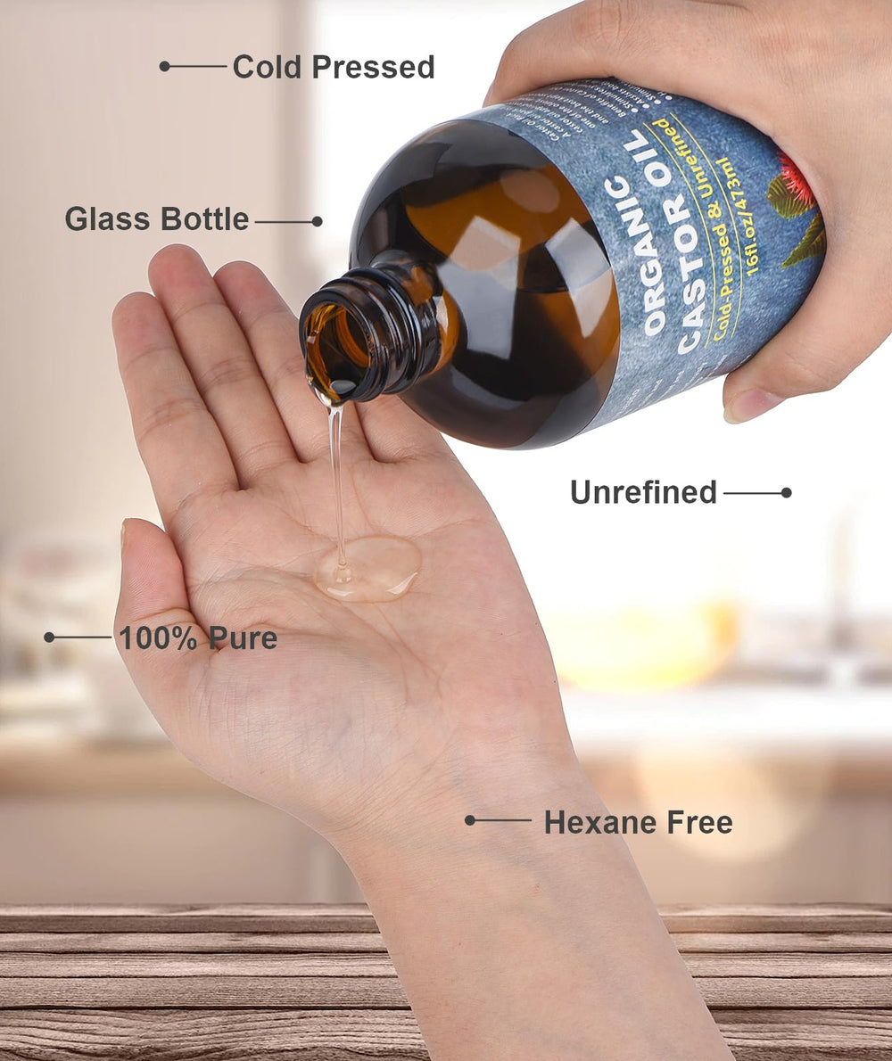 VRJEUGO castor oil on skin for hydration and a healthy glow.