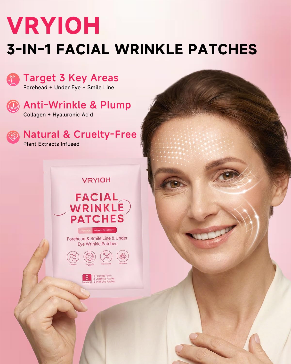 Vryioh under-eye patches hydrate delicate skin and reduce creases.
