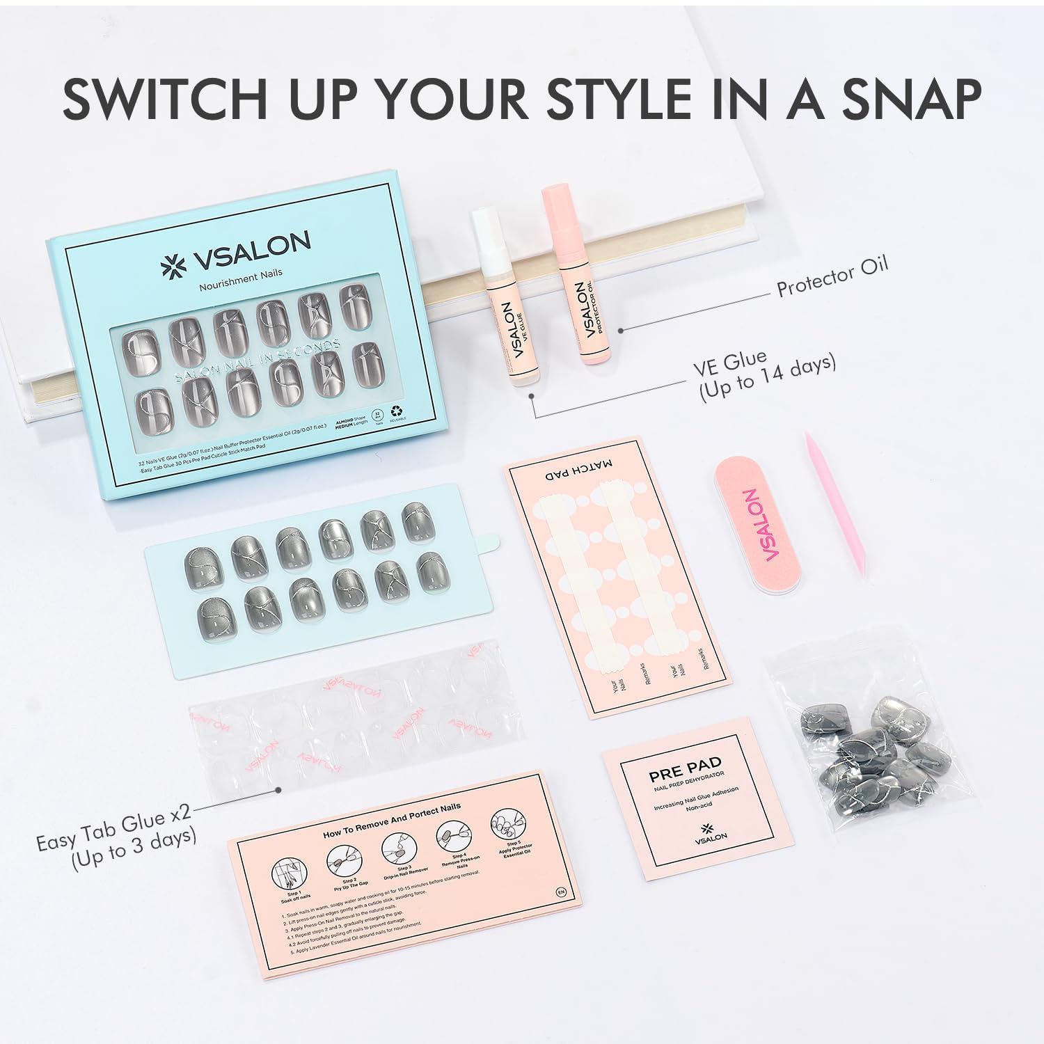 VSALON 16 sizes ensure a precise, comfortable fit for most nails.
