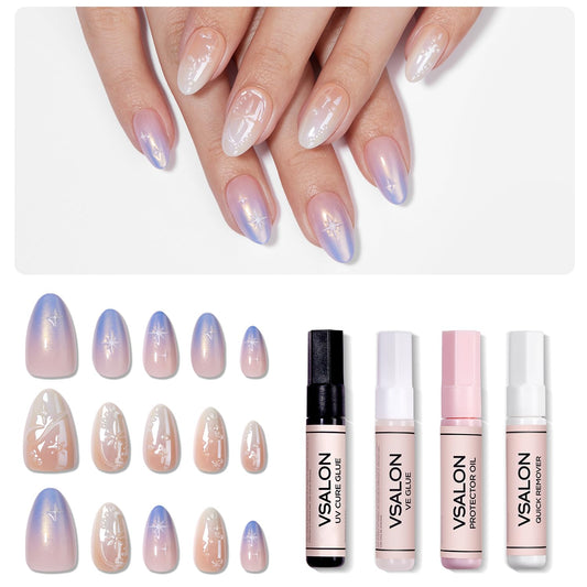 VSALON press-on nails in short almond chrome ombre with 3D stars for chic everyday wear.