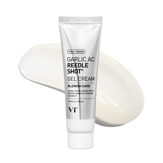 VT COSMETICS Garlic AC Reedle Shot Gel Cream close-up shows gentle exfoliation for smoother skin