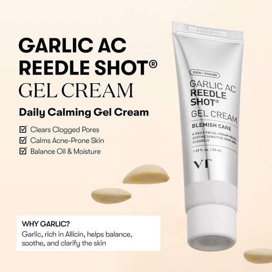 VT COSMETICS Garlic AC Reedle Shot Gel Cream swatch demonstrates quick absorption and non-sticky finish