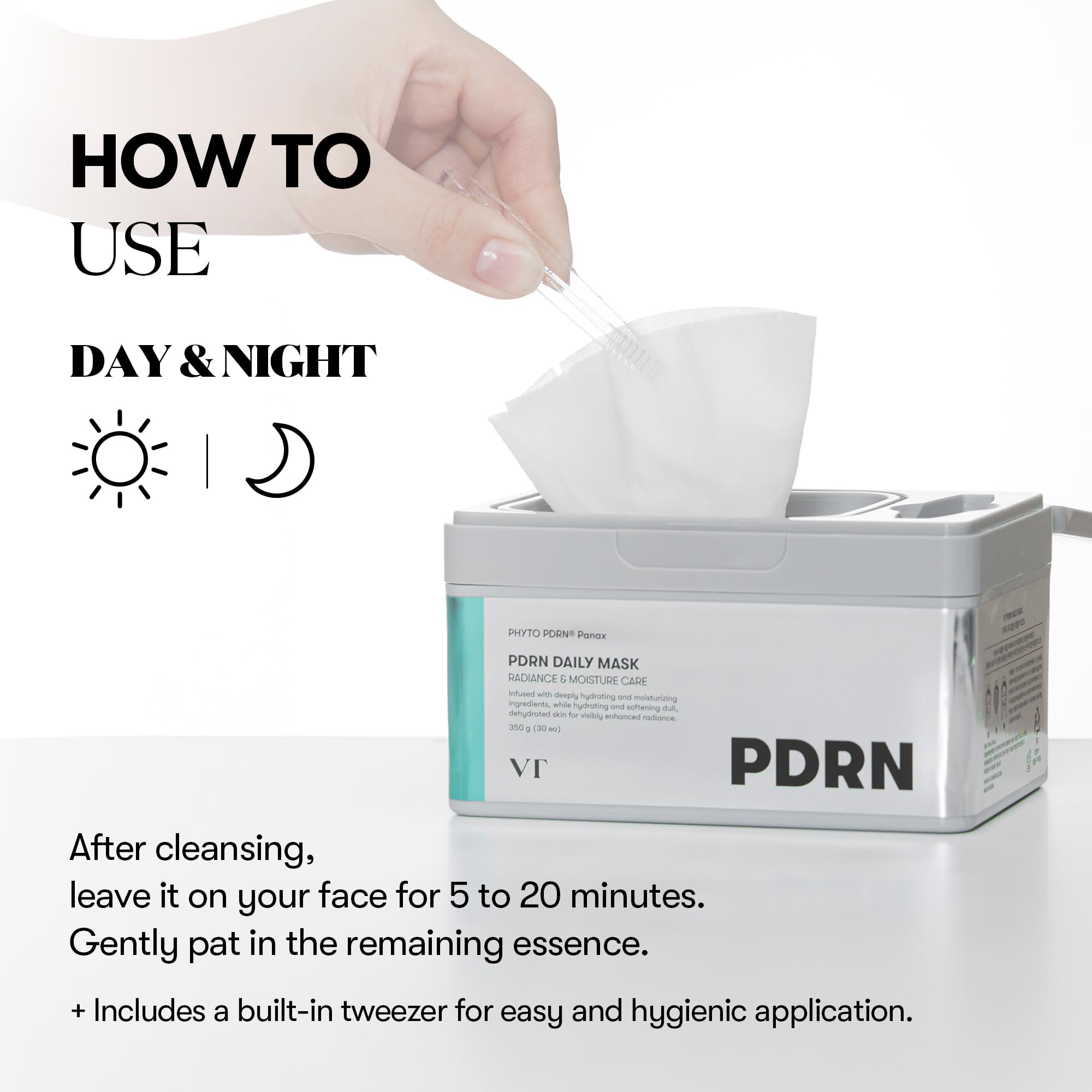 VT COSMETICS PDRN Daily Mask worn on face for gentle hydration.