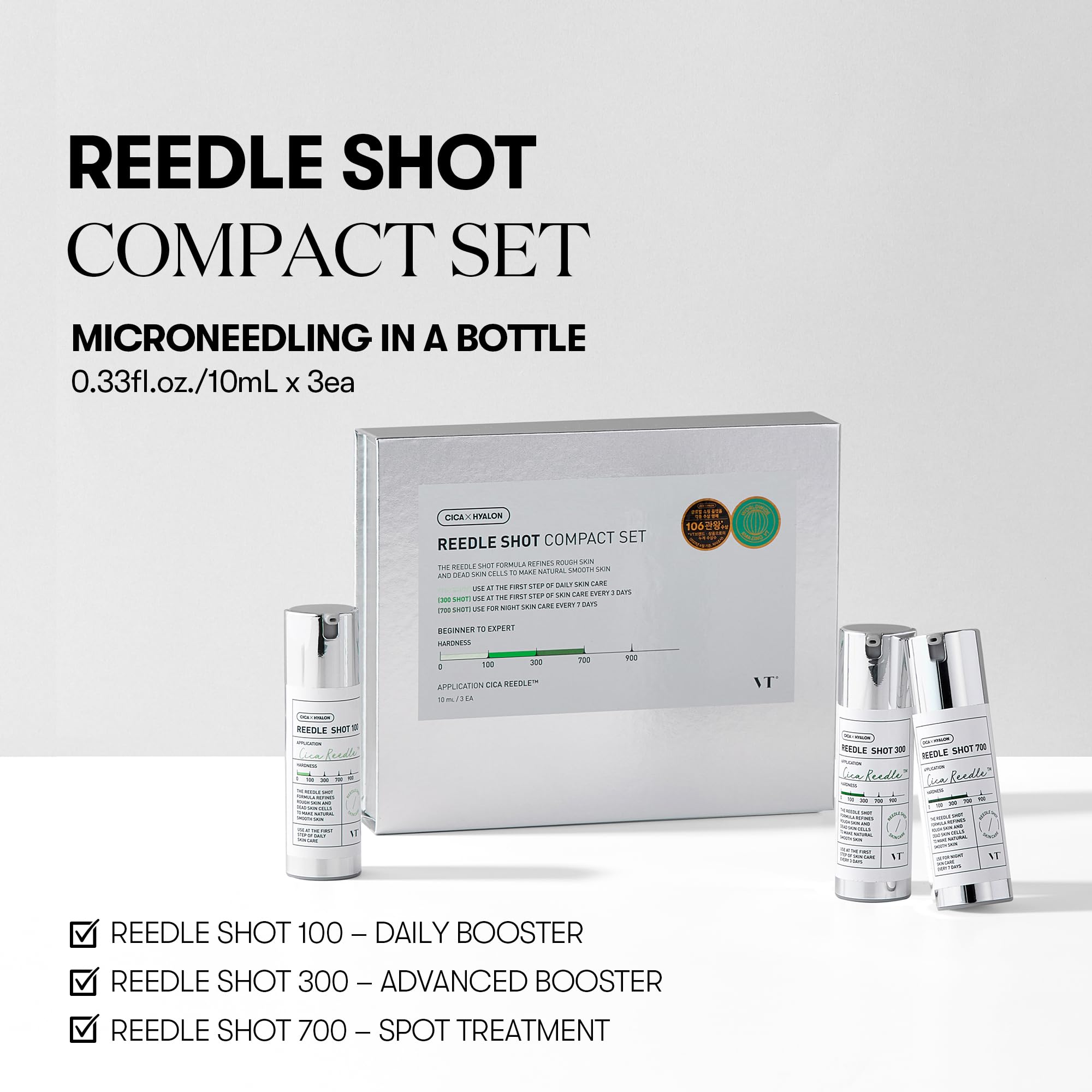 VT COSMETICS Reedle Shot 100 bottle highlights gentle start for improved absorption.