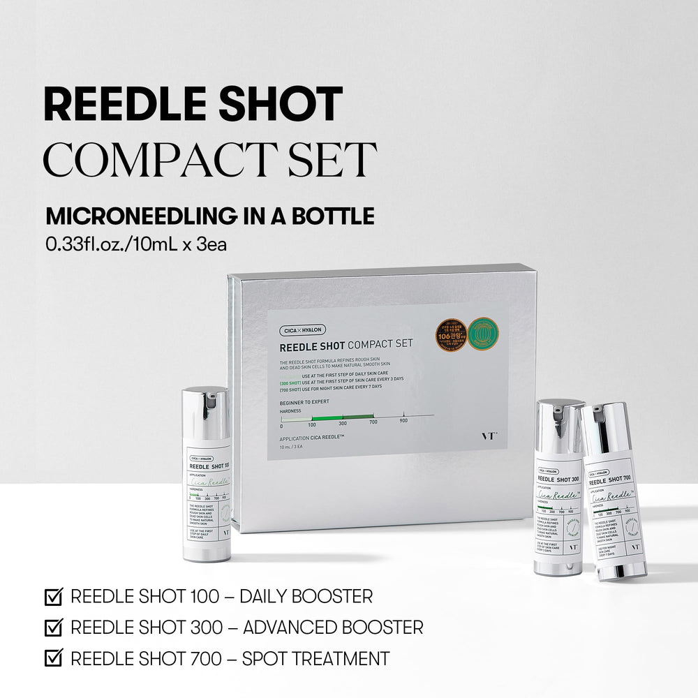 VT COSMETICS Reedle Shot 100 bottle highlights gentle start for improved absorption.
