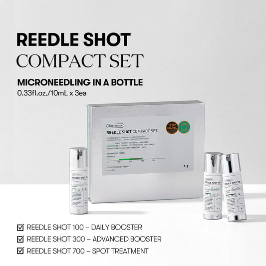 VT COSMETICS Reedle Shot 100 bottle highlights gentle start for improved absorption.