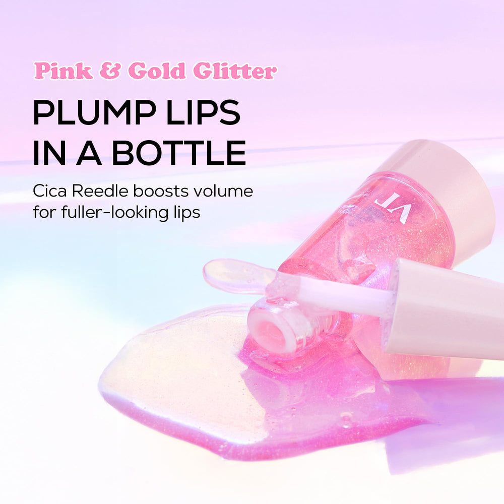 VT COSMETICS Reedle Shot Lip Plumper Gloss Swatch demonstrates pink shimmer and smooth texture