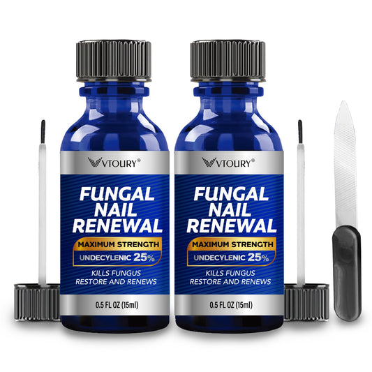 VTROUY toenail fungus treatment bottle close-up, dual-pack for at-home care.