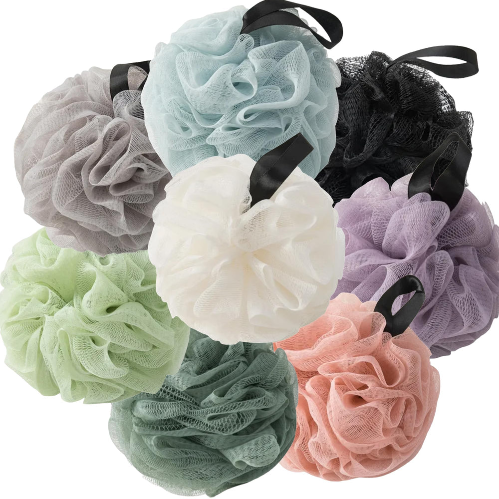 VVmotes loofah sponges with hanging loop for easy storage and quick drying.