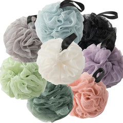 VVmotes loofah sponges with hanging loop for easy storage and quick drying.