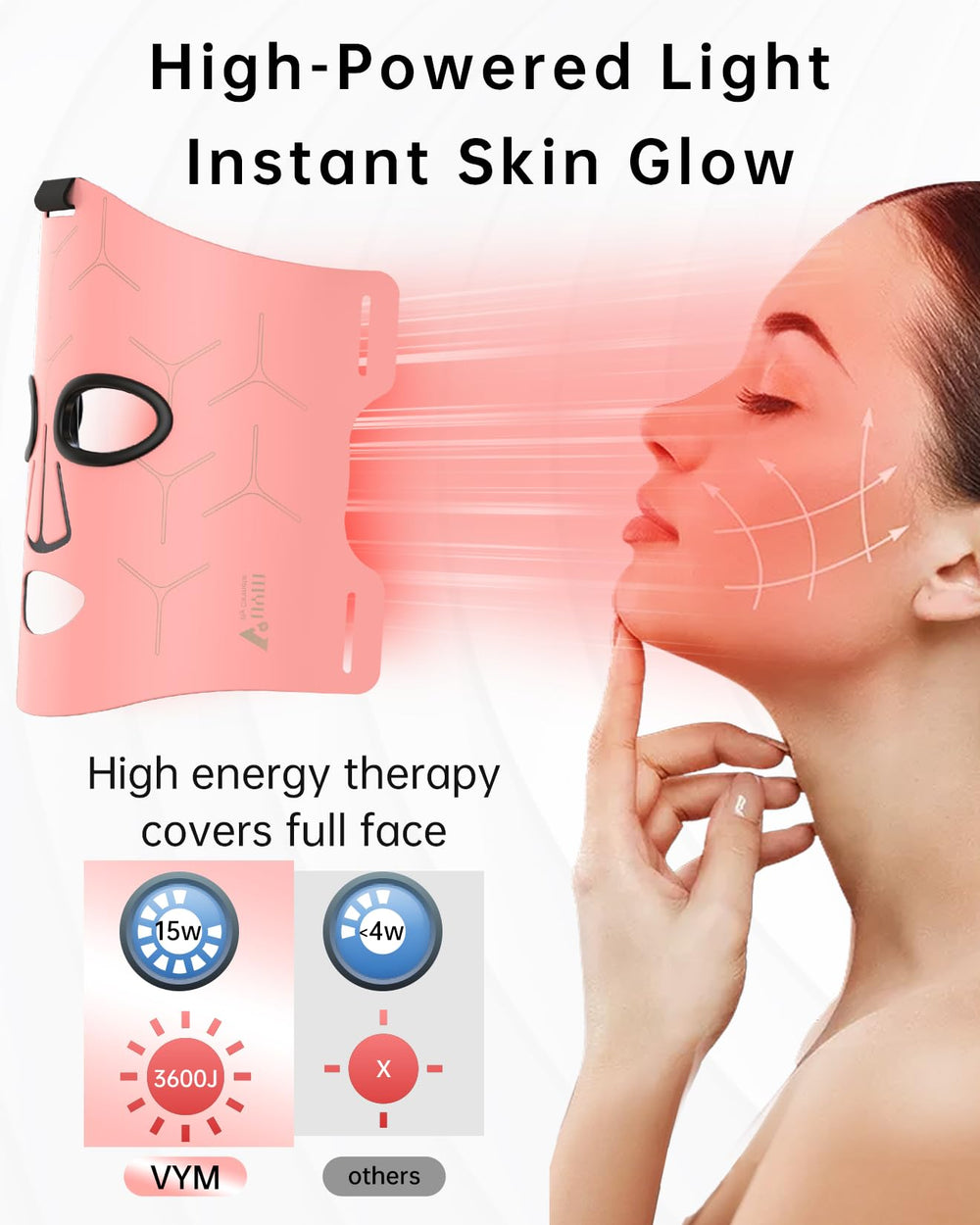 V VYM infrared therapy mask close-up showing integrated lenses for uniform light delivery.
