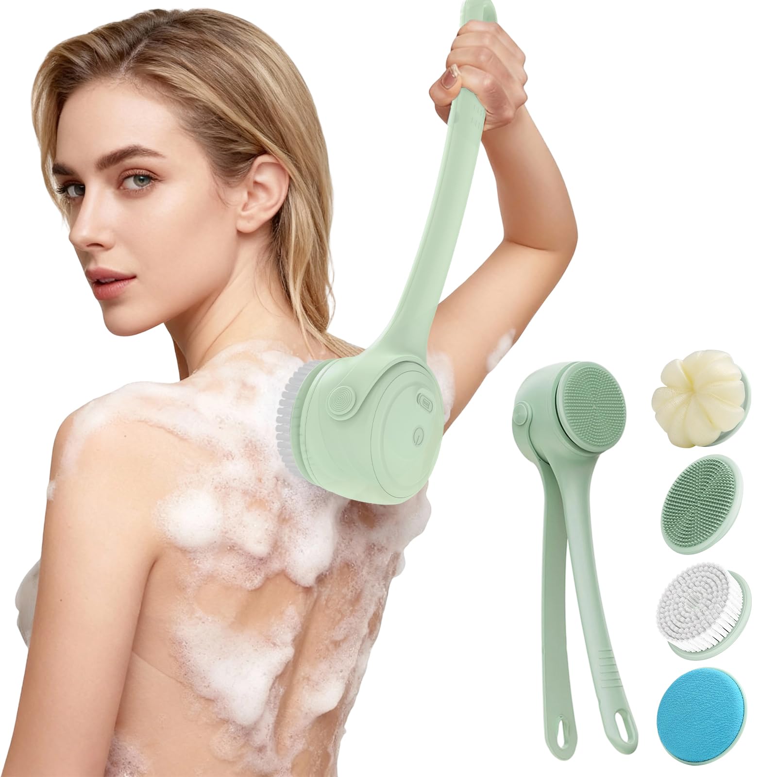 VWMYQ electric back scrubber with ergonomic-handle for easy reach and comfortable cleansing.