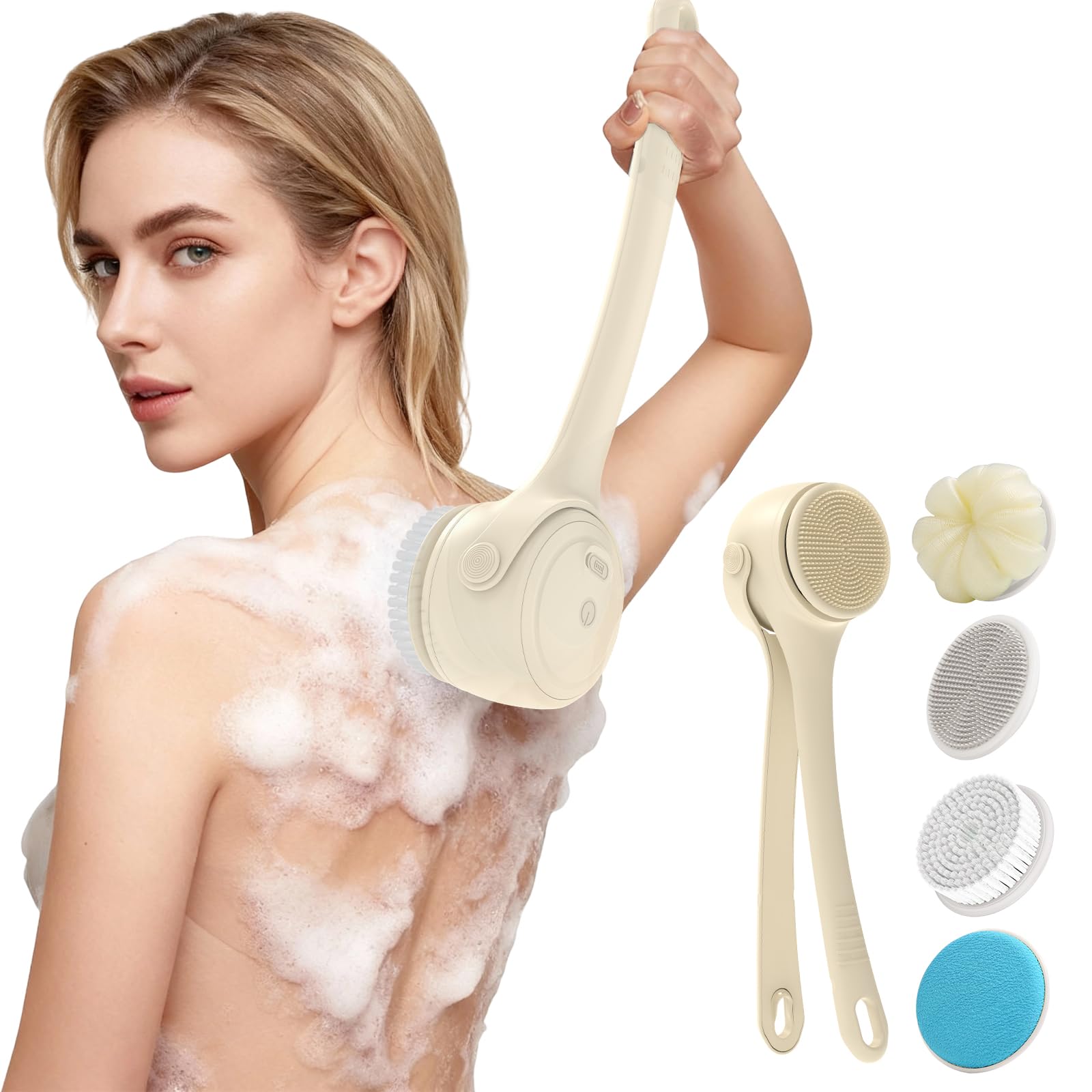 VWMYQ electric back scrubber in use for deep back cleansing and exfoliation