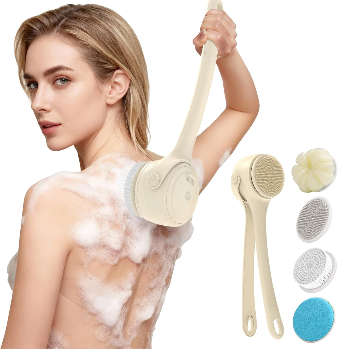 VWMYQ electric back scrubber in use for deep back cleansing and exfoliation