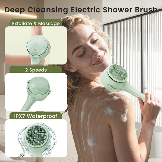VWMYQ electric back scrubber soft-bristles closeup for gentle exfoliation on sensitive skin.