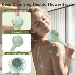 VWMYQ electric back scrubber soft-bristles closeup for gentle exfoliation on sensitive skin.