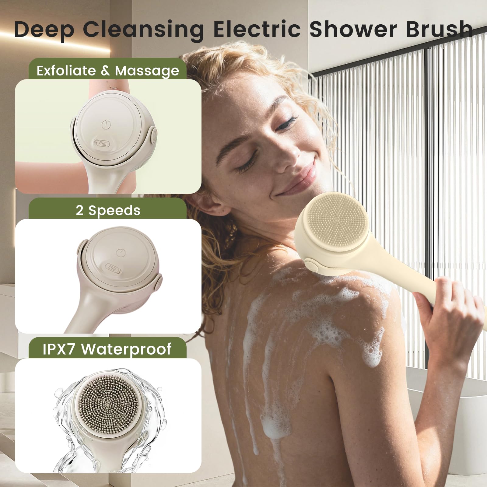 VWMYQ waterproof back scrubber shown in shower for safe wet use
