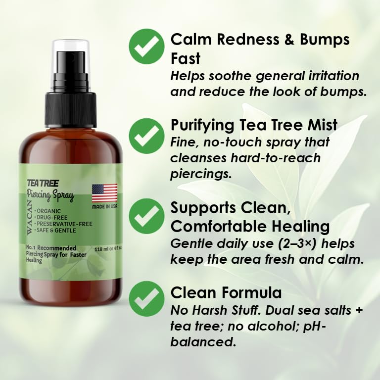 Wacan Advanced Tea Tree Piercing Spray fine mist for purifying cleansing on piercings.