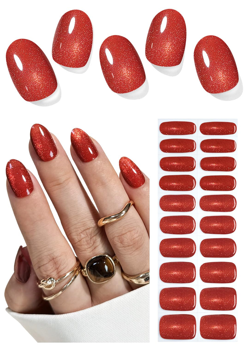 Wahrshei red cat eye gel nail strips close-up for salon-like nails