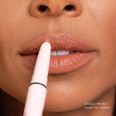 Dual-ended design image demonstrates lip liner precision followed by creamy lipstick application