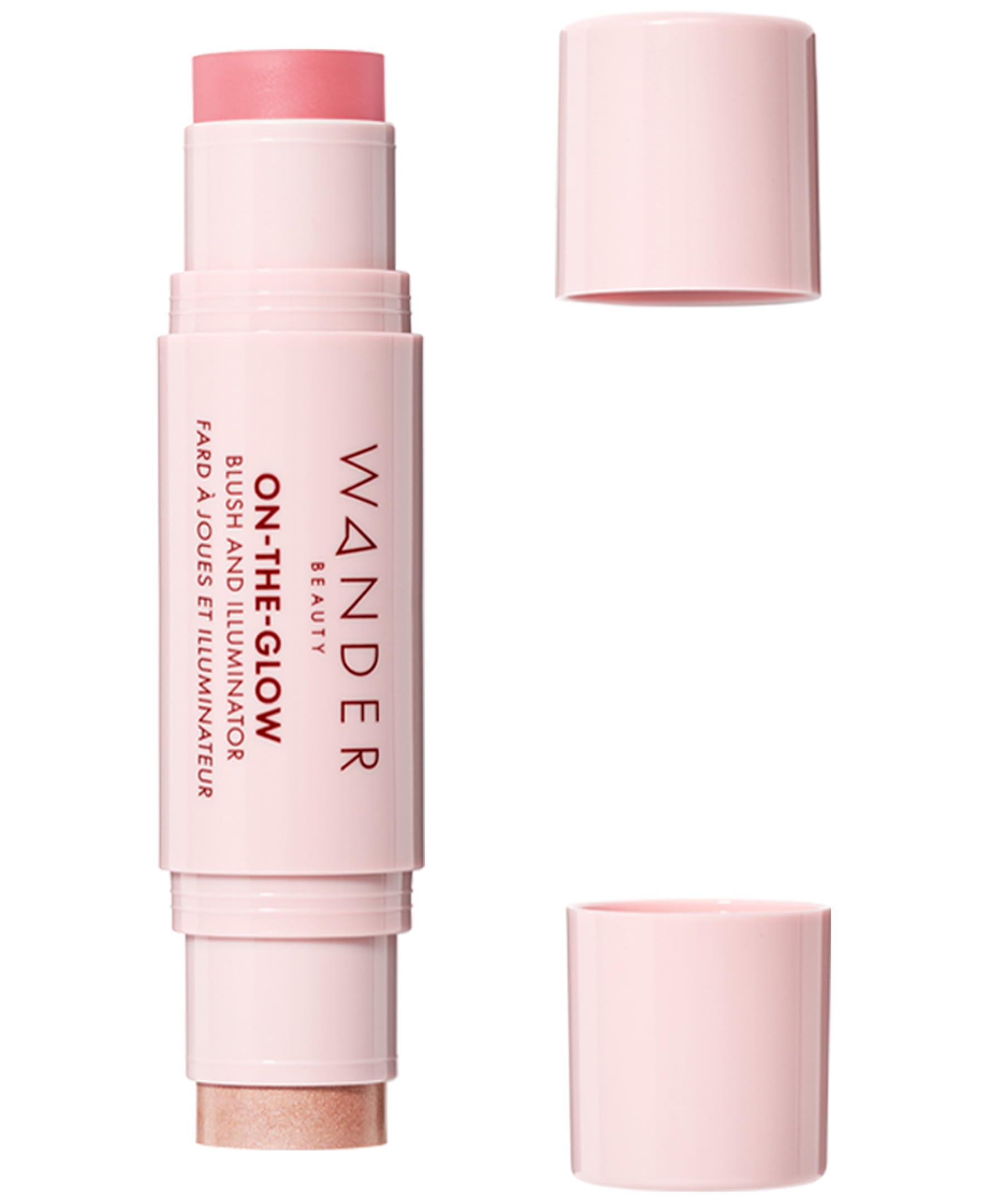 Wander Beauty On-the-Glow in Petal Pink: dual-ended blush and illuminator for radiant cheeks.