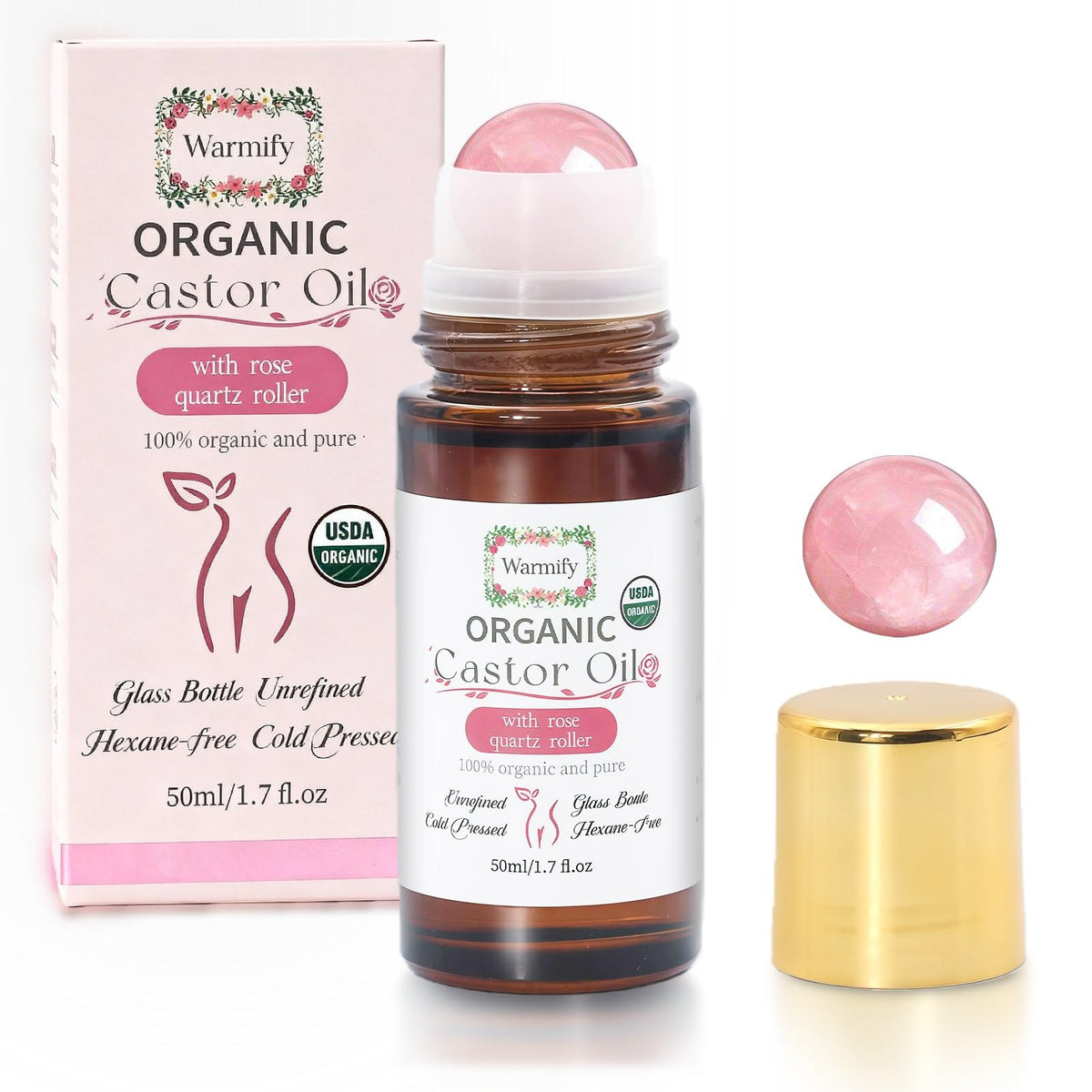 Warmify organic castor oil bottle with rose quartz roller for full-body hydration.