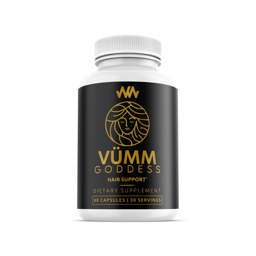 Warped Wellness Vümm Goddess bottle closeup for daily hair support