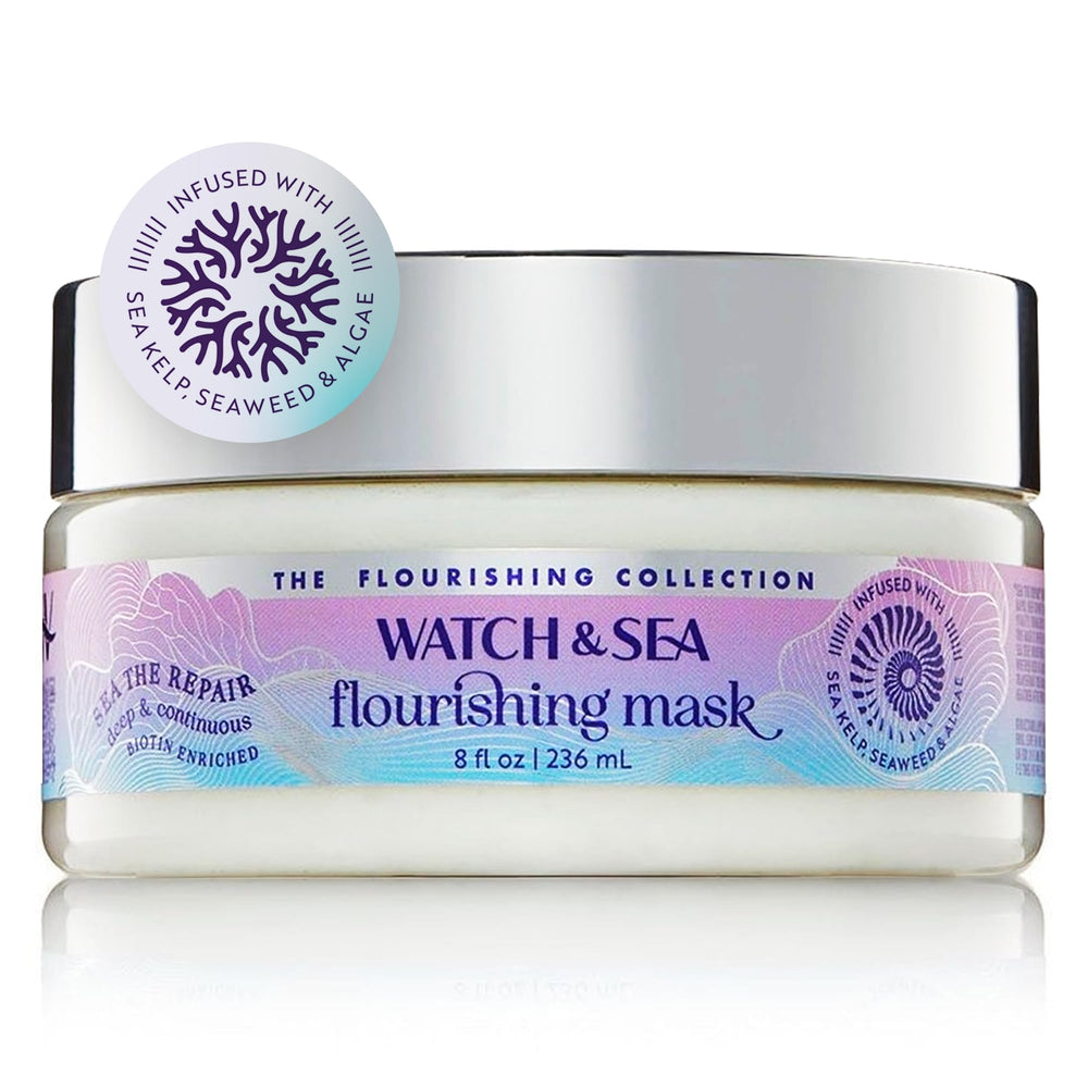 Watch & Sea Deep Flourishing Mask bottle, a rich conditioning treatment for all hair types.