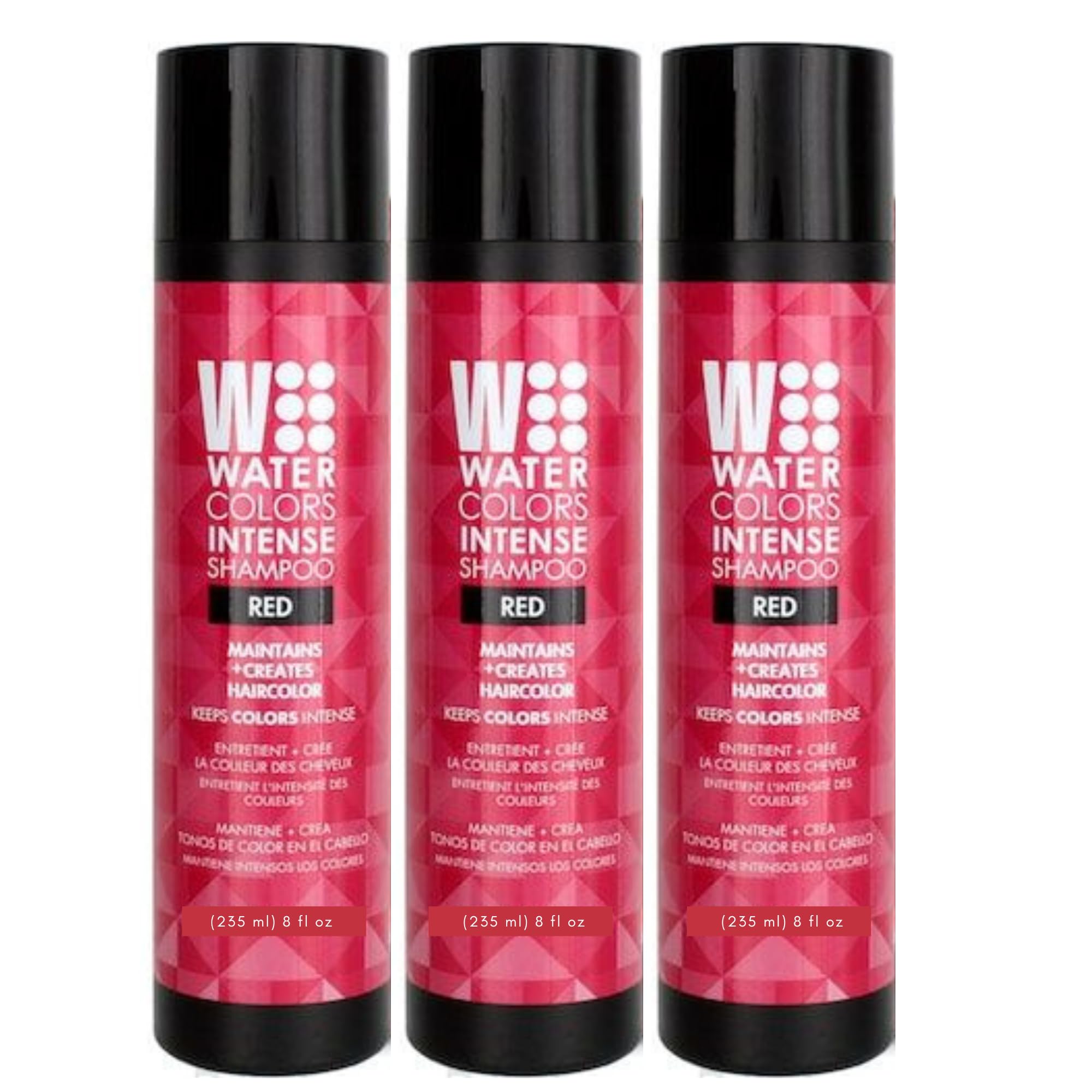 Watercolors color-depositing shampoo red bottle used for daily color maintenance.