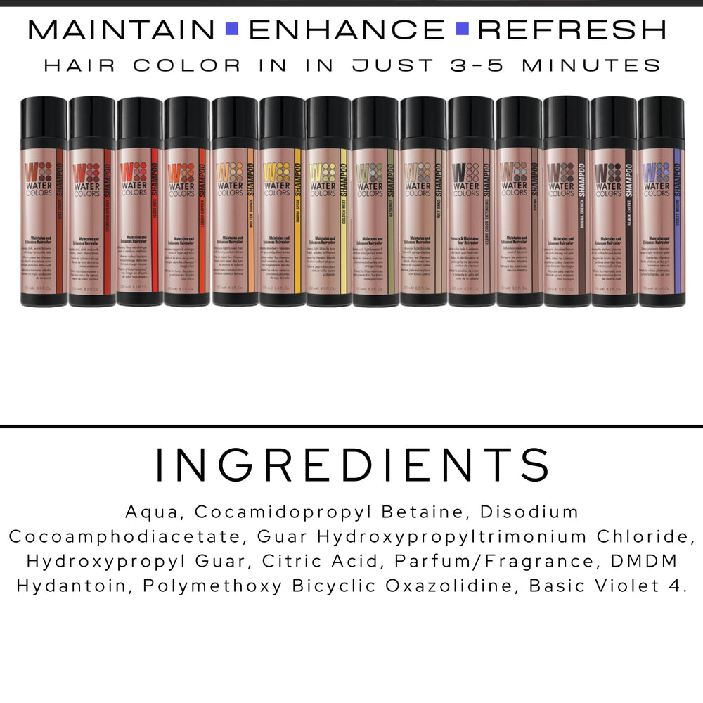 Watercolors intense shampoo bottle highlights bold color boosts and fade prevention.