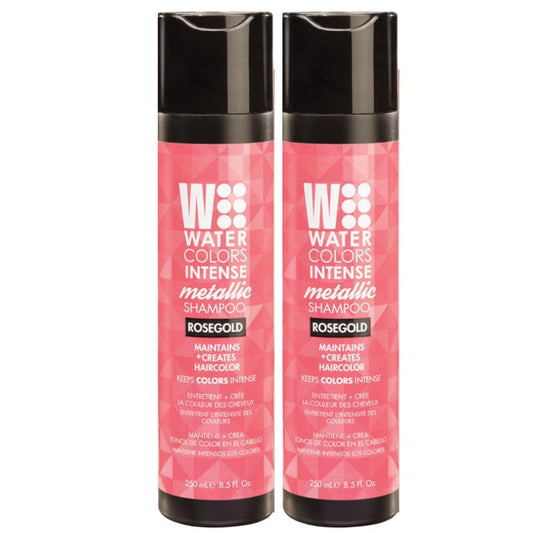Watercolors Rose Gold shampoo bottle delivering a vibrant color deposit during use.