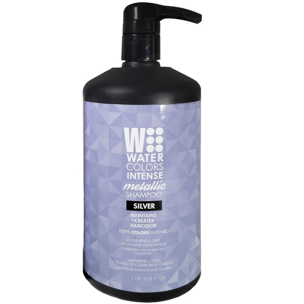 Watercolors Silver shampoo bottle pour showing color-depositing formula for vibrant hair color