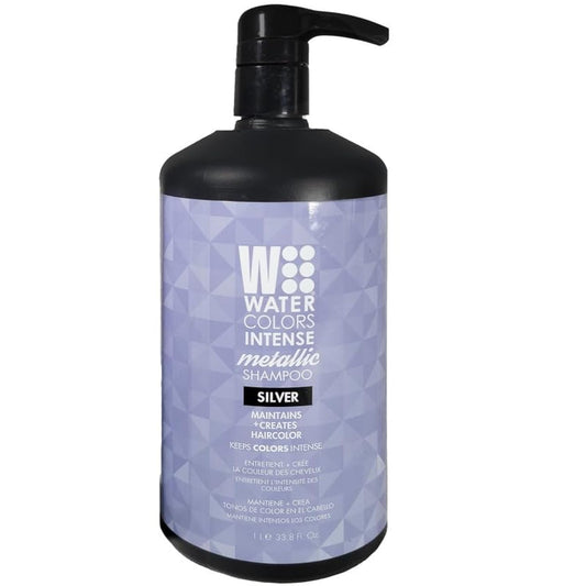 Watercolors Silver shampoo bottle pour showing color-depositing formula for vibrant hair color