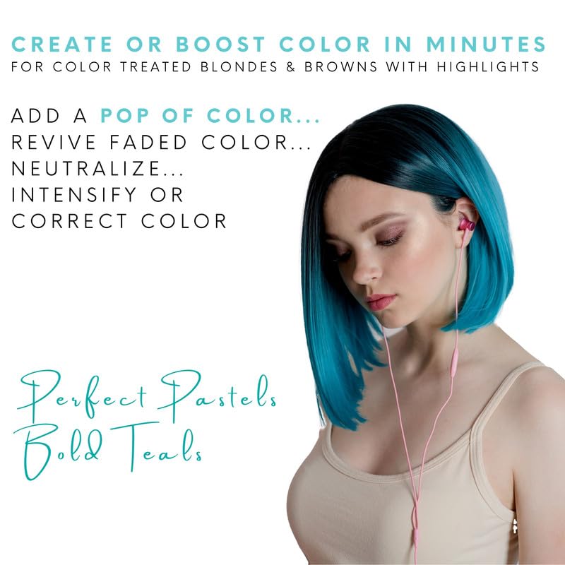 Watercolors Teal color-depositing shampoo foam evenly spreads color during wash.