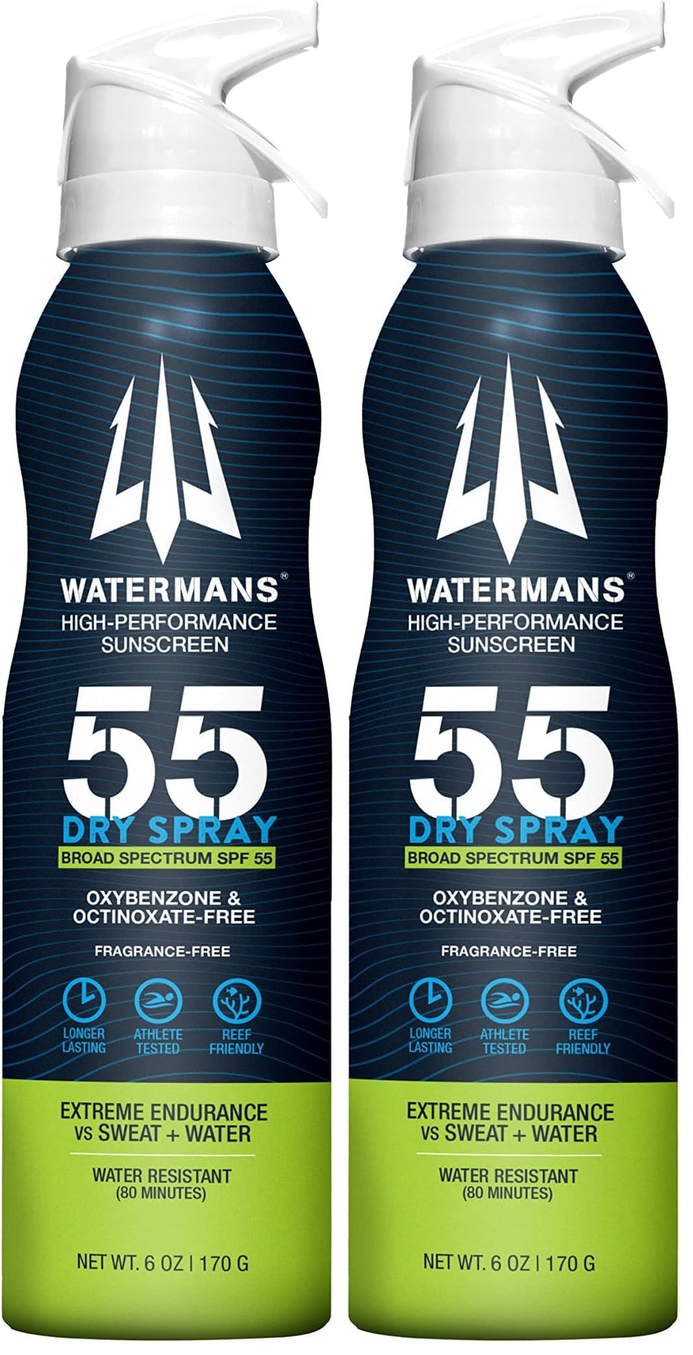 Watermans Dry Spray SPF 55 bottle side view for easy outdoor reapplication.
