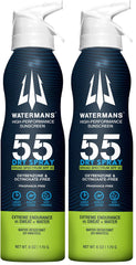 Watermans Dry Spray SPF 55 bottle side view for easy outdoor reapplication.