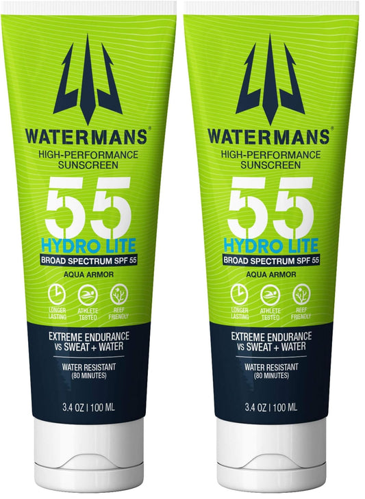 Waterman's Hydro Lite sunscreen bottle front view for portable outdoor protection.