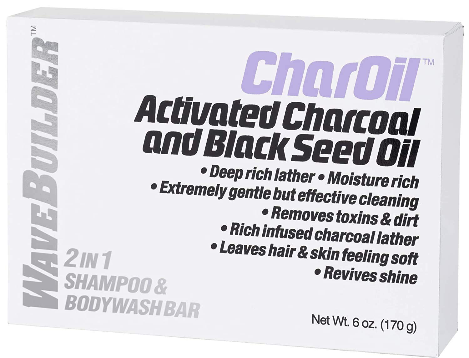 WaveBuilder CharOil 2-in-1 bar packaging shown, travel-friendly cleansing.