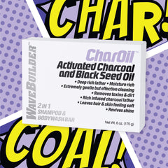 Shower scene with CharOil bar highlighting detoxifying charcoal and nourishing oils.