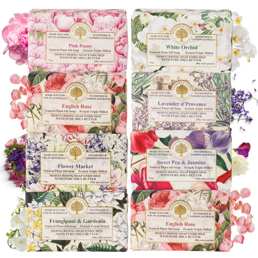 Wavertree and London assorted florals soaps front view eight-pack display for gifting.