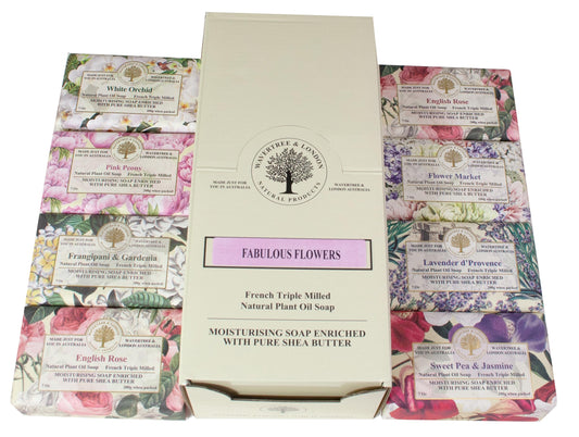 Wavertree and London soap bars variety of floral scents highlighted for daily spa-like shower.