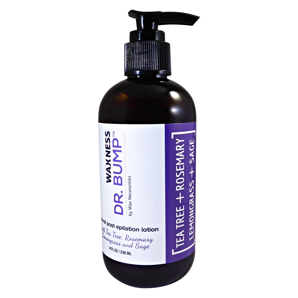 Wax Necessities Waxness Dr. Bump lotion bottle front, showing natural ingredients for post-wax care