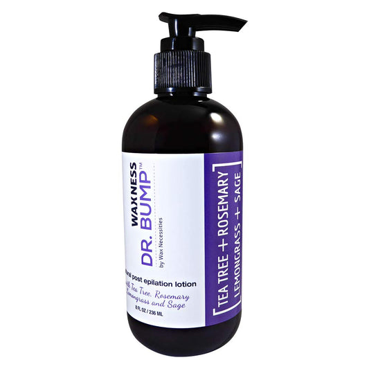 Wax Necessities Waxness Dr. Bump lotion bottle front, showing natural ingredients for post-wax care